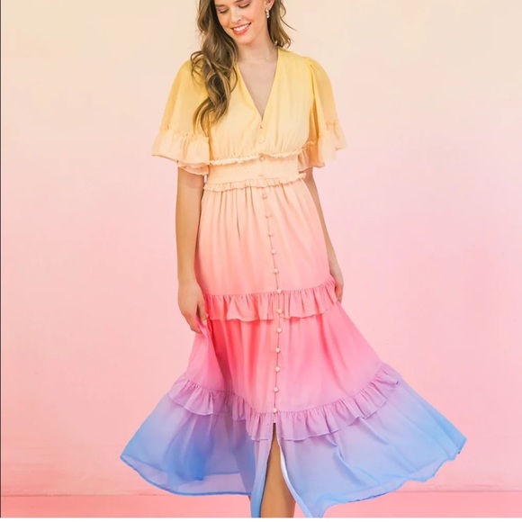 Flying Tomato Dresses & Skirts - Flying Tomato Sweetest Sensation Rainbow Ombré Midi Dress EUC LARGE